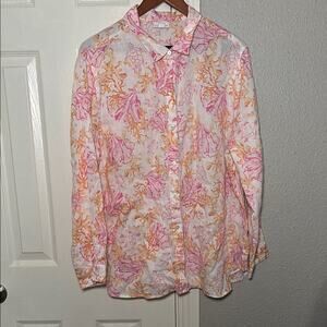 J Jill love linen turtle coral sea print button down blouse size XL